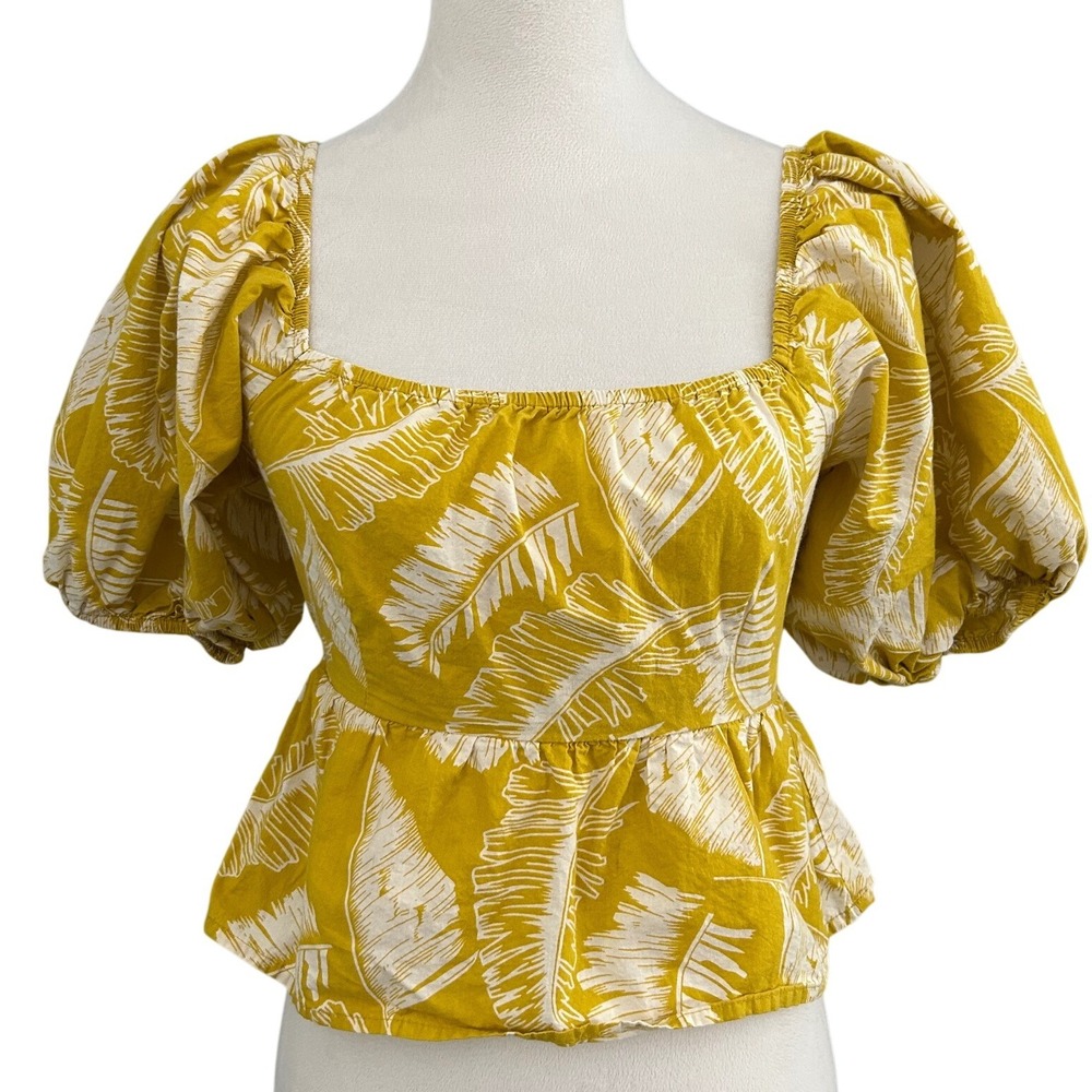 Sim & Sam Palm Print Peplum Top Puff Sleeve Yellow Chartreuse Tropical Boho Sz M